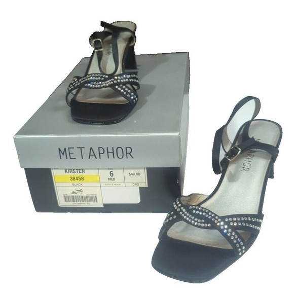 Metaphor Kirsten Black Rhinestone  Strappy Block Heels Women 6 M Formal - Picture 1 of 16